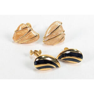 2 Pair Enamel & Polished Gold Tone Clip Earrings Monet Swirl & Napier Black/Blue